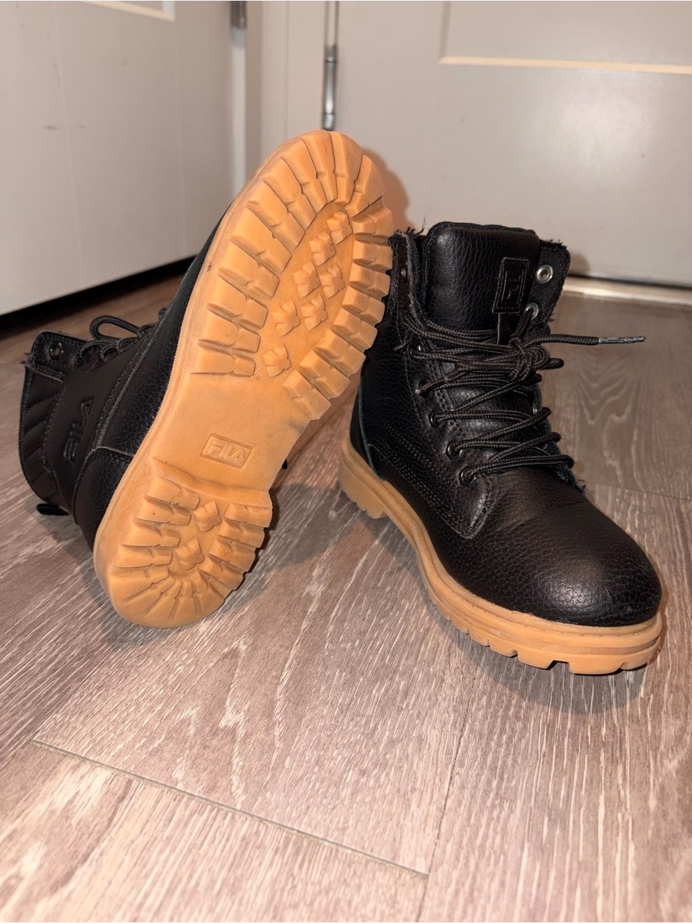 FILA Boy’s Black Leather Work Boots with Gum Sole